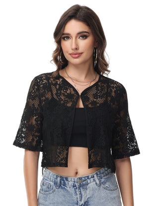KK Women Lace Shrug 1/2 Sleeve V-Neck Eye-Hook Front Cropped Tops