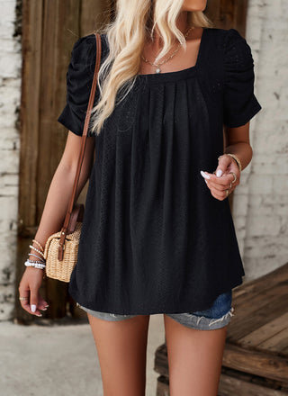 Women Hollowed-out Tops Casual Short Sleeve Square Neck Pullover Tops