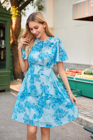 Women Elastic Waist Dress Short Sleeve Crew Neck Agaric Lace Decorated Dress