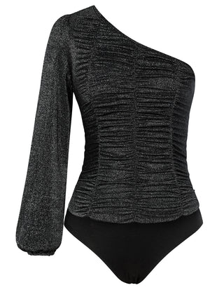 Women Sexy One Shoulder Bodysuit Long Sleeve Ruched Knit Leotard Tops