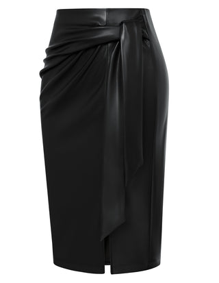 Women Polyurethane Leather Skirt OL High Waist Front Slit Bodycon Skirt