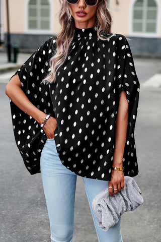 Women’s Batwing Sleeve Blouse Tops Mock Neck Polka Dot Blouses Casual Tie Back Drape Shirts