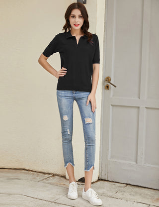 Lapel Collar Sweater Loose Fit Short Sleeve Ribbed Hem Knitted Tops