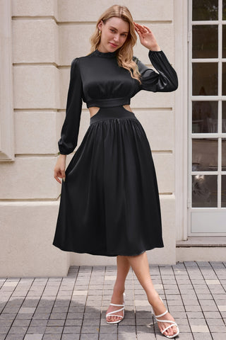 Women Cut-out Waist Dress Long Sleeve Half High-Neck Elastic Waist Dress