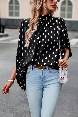 Women’s Batwing Sleeve Blouse Tops Mock Neck Polka Dot Blouses Casual Tie Back Drape Shirts