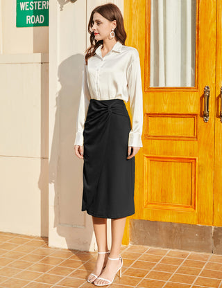 Ruched Front Skirt High Waist Back Slit Mid-Calf A-Line Skirt