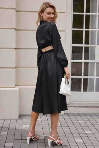 Women Cut-out Waist Dress Long Sleeve Half High-Neck Elastic Waist Dress