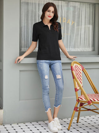 Lapel Collar Sweater Loose Fit Short Sleeve Ribbed Hem Knitted Tops