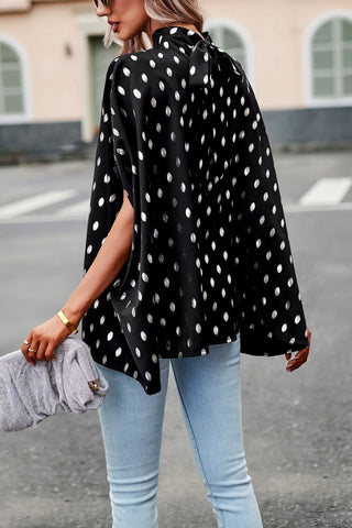 Women’s Batwing Sleeve Blouse Tops Mock Neck Polka Dot Blouses Casual Tie Back Drape Shirts