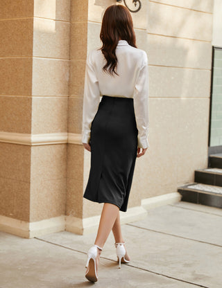 Ruched Front Skirt High Waist Back Slit Mid-Calf A-Line Skirt