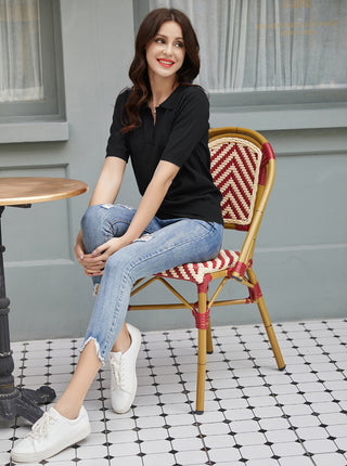 Lapel Collar Sweater Loose Fit Short Sleeve Ribbed Hem Knitted Tops