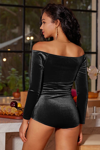 Women Cut-out Front Velvet Bodysuit Long Sleeve Off Shoulder Party Costume