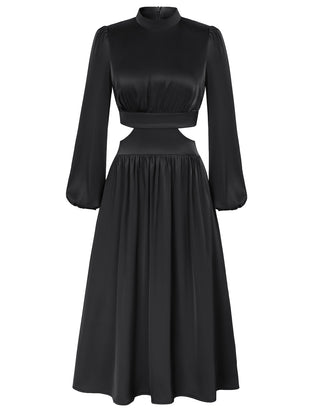Women Cut-out Waist Dress Long Sleeve Half High-Neck Elastic Waist Dress