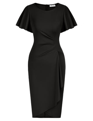 Women Wrap Hem Bodycon Dress OL Short Sleeve Crew Neck Knee Length Dress