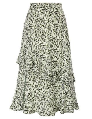 Women Side Slit Skirt Elastic High Waist Ruffled Hem Flared A-Line Skirt