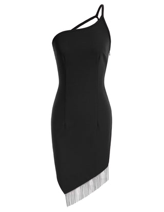 Women Irregular Tassel Hem Party Dress One-Shoulder Knee Length Bodycon Dress