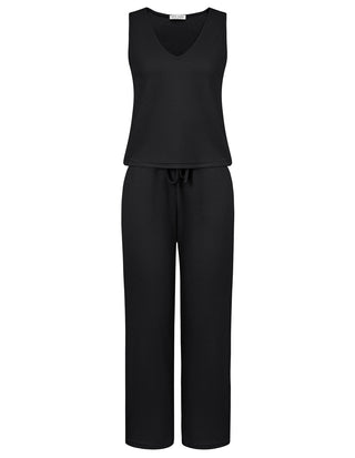 Women Comfy Outfits Sleeveless V-Neck Tank Top+Elastic Drawstring Waist Pants