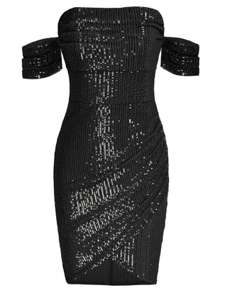 Women's Glitter Sequin V Neck Ruched Off Shoulder Stretchy Bodycon Mini Party Dress