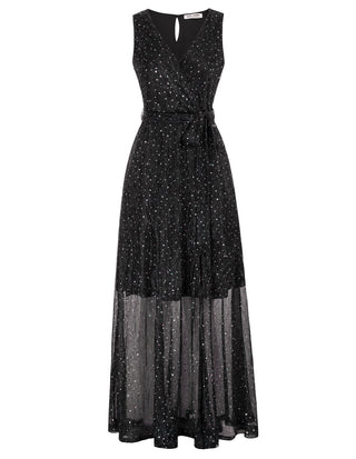 Women Ankle Length Party Dress Sleeveless Surplice V-Neck Flared A-Line Dress