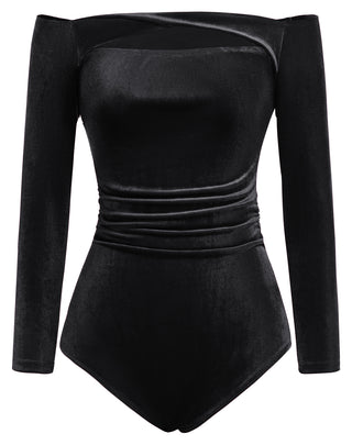 Women Cut-out Front Velvet Bodysuit Long Sleeve Off Shoulder Party Costume
