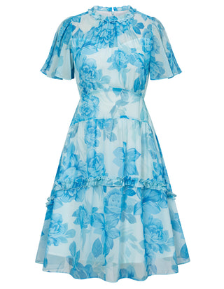 Women Elastic Waist Dress Short Sleeve Crew Neck Agaric Lace Decorated Dress