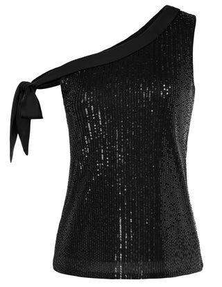 Glitter One Shoulder Sleeveless Tie Bow Knot Sexy Party Shirt Tops