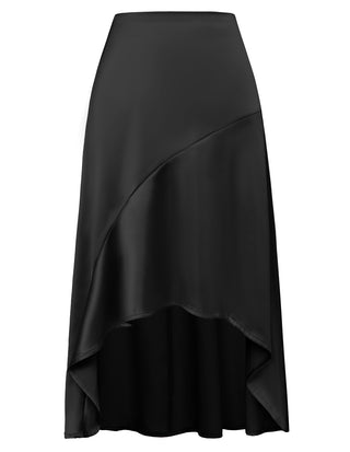 Women High-Low Satin Skirt Elastic High Waist A-Line Midi Skirt