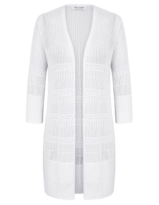 Women Hollowed-out Cardigan 3/4 Sleeve Open Front Mid-Thigh Length Sweater