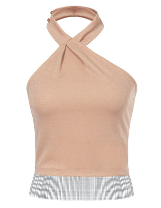 Women Tassel Hem Party Tops Slim Fit Backless Asymmetric Halterneck Tops