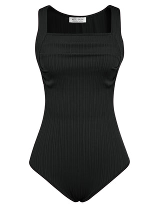 Women Pleated Bodycon Suit Sleeveless Square Neck Snap-Button Crotch Teddy