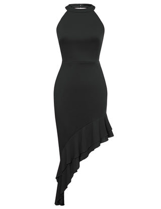 Women Backless Halterneck Dress Casual Irregular Chiffon Hem Bodycon Dress