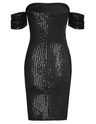 Women's Glitter Sequin V Neck Ruched Off Shoulder Stretchy Bodycon Mini Party Dress