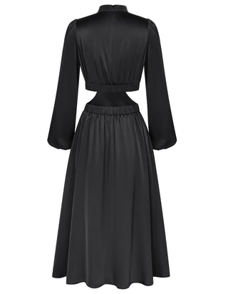 Women Cut-out Waist Dress Long Sleeve Half High-Neck Elastic Waist Dress