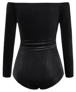Women Cut-out Front Velvet Bodysuit Long Sleeve Off Shoulder Party Costume