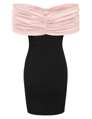 Women Contrast Fabric Party Dress Off Shoulder Mid-Thigh Bodycon Dress