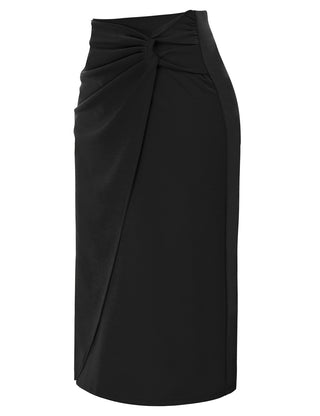 Ruched Front Skirt High Waist Back Slit Mid-Calf A-Line Skirt