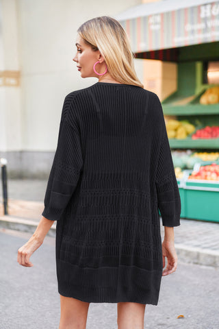 Women Hollowed-out Cardigan 3/4 Sleeve Open Front Mid-Thigh Length Sweater