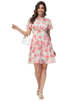 Women Elastic Waist Dress Short Sleeve Crew Neck Agaric Lace Decorated Dress