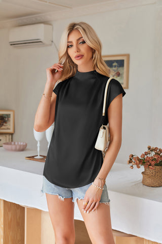 Women Straight Blouse Casual Cap Sleeve Half High Neck Pullover Tops