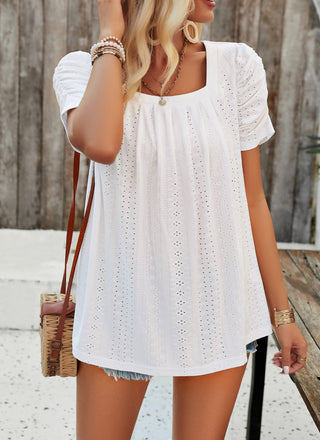 Women Hollowed-out Tops Casual Short Sleeve Square Neck Pullover Tops