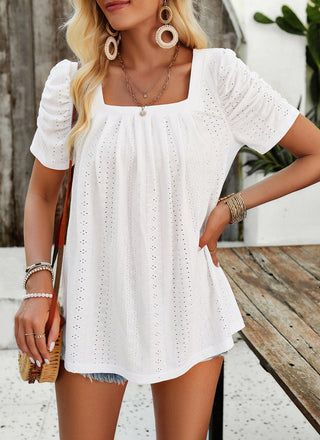 Women Hollowed-out Tops Casual Short Sleeve Square Neck Pullover Tops