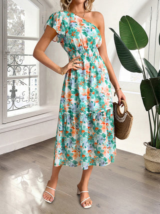 KK Women Elastic Waist Dress Short Sleeve Front Slit Tired A-Line Dress