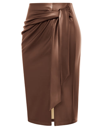 Women Polyurethane Leather Skirt OL High Waist Front Slit Bodycon Skirt