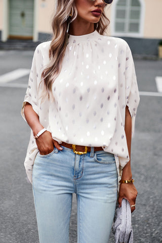 Women’s Batwing Sleeve Blouse Tops Mock Neck Polka Dot Blouses Casual Tie Back Drape Shirts