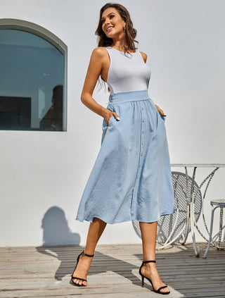 Front Slit Skirt Elastic High Waist Buttons Decorated A-Line Skirt