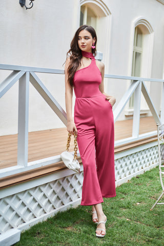 Women Straight Leg Jumpsuit Sash Decorated One Shoulder Ankle Length Romper