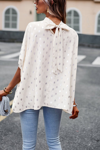 Women’s Batwing Sleeve Blouse Tops Mock Neck Polka Dot Blouses Casual Tie Back Drape Shirts