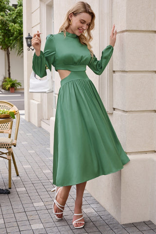 Women Cut-out Waist Dress Long Sleeve Half High-Neck Elastic Waist Dress