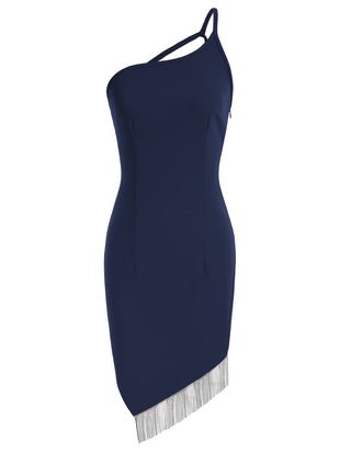 Women Irregular Tassel Hem Party Dress One-Shoulder Knee Length Bodycon Dress