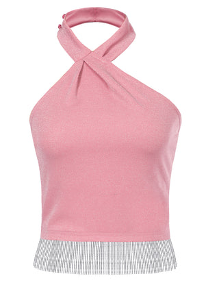 Women Tassel Hem Party Tops Slim Fit Backless Asymmetric Halterneck Tops